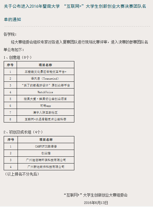 公布进入2016年暨南大学 “互联网+”大学生创新创业大赛决赛团队.jpg